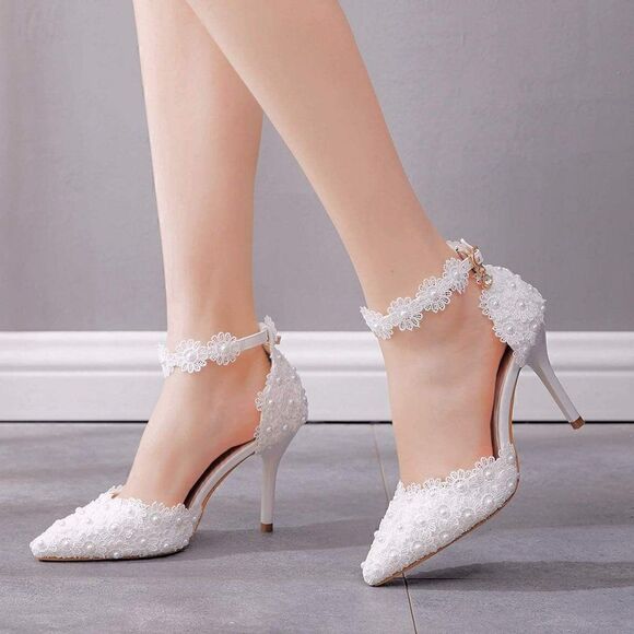 Wedding Heel Sandals White Lace Pearls Wedding Shoes Pointed Toe Bridal Shoe - Picture 7 of 7